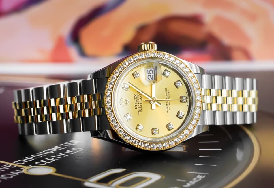 Rolex Lady-Datejust 28 Oystersteel And Yellow Gold Champagne Diamond Set Dial